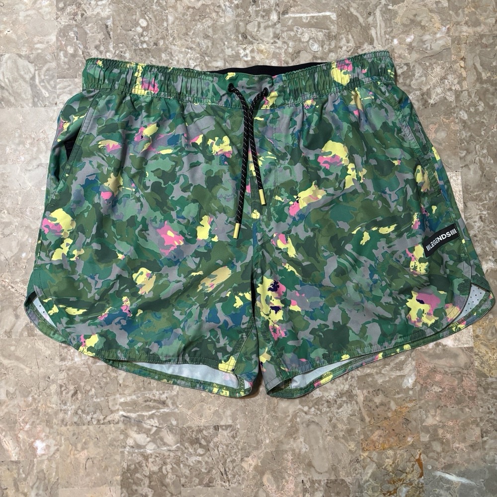 Legends Shorts Mens Large Luka Green 5" Floral Hawaiian Linerless Gym Running